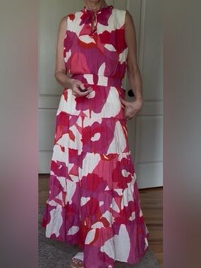 MSK Pink, Magenta & White Abstract Floral Maxi Dress